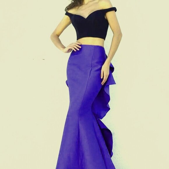 Sherri Hill Black Royal Blue 2 Piece Off The Shoulder Ruffle Dress - Picture 1 of 4